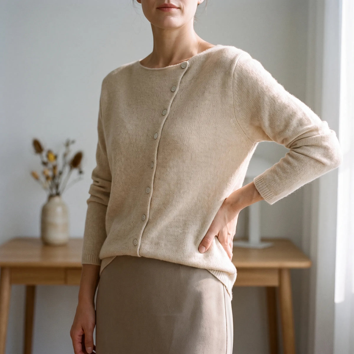 Asymora - Asymmetric Button Knit Sweater Layering On Cool Days