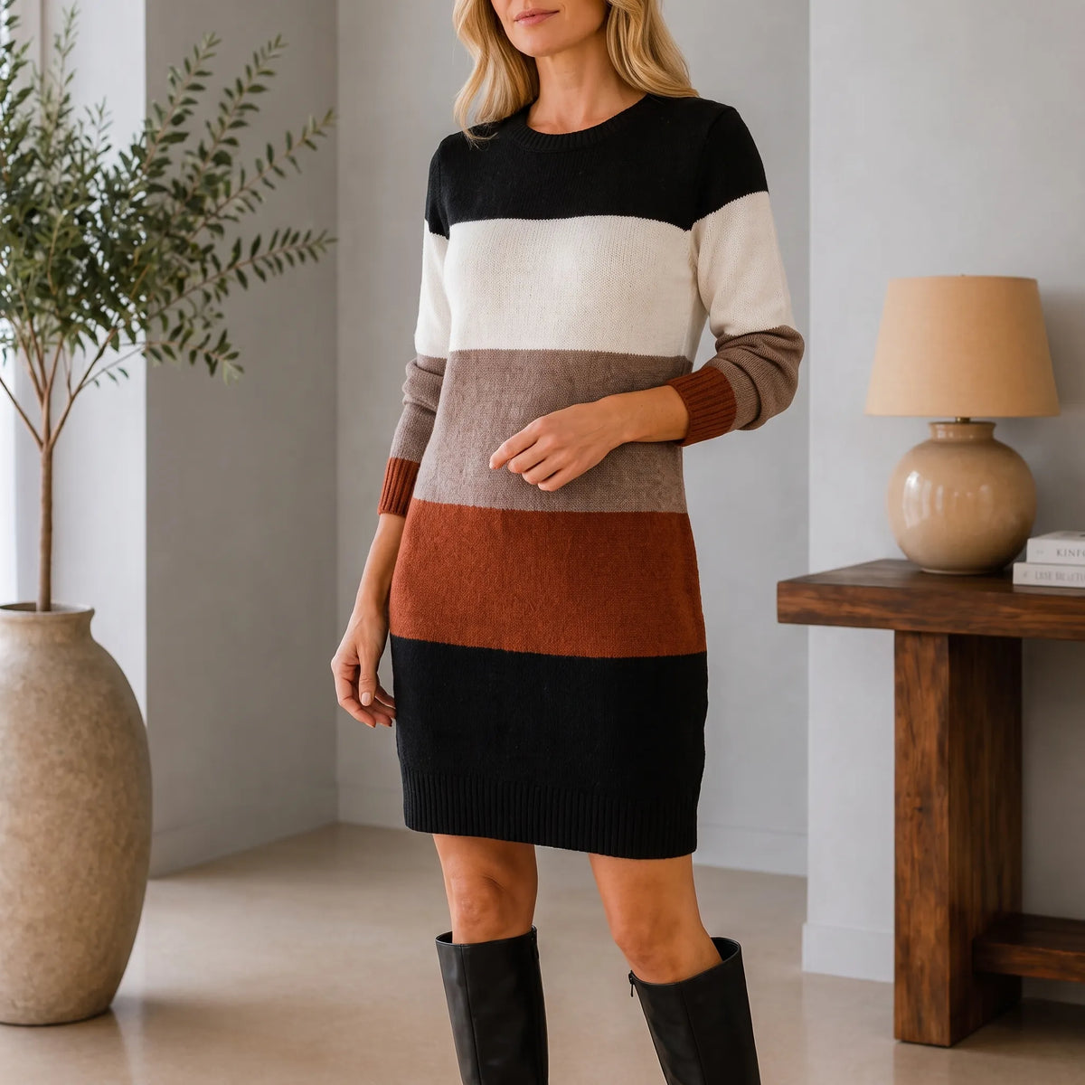 CozyStripe - Color-Block Sweater Dress Everyday Wear