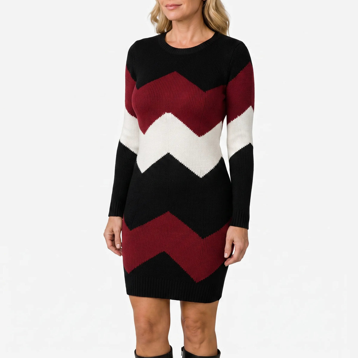 KnitVibe - Chevron Knit Midi Sweater Dress Office Days