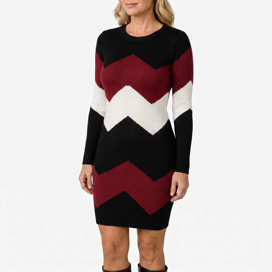 KnitVibe - Chevron Knit Midi Sweater Dress Office Days