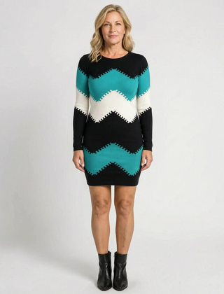 KnitVibe - Chevron Knit Midi Sweater Dress Office Days