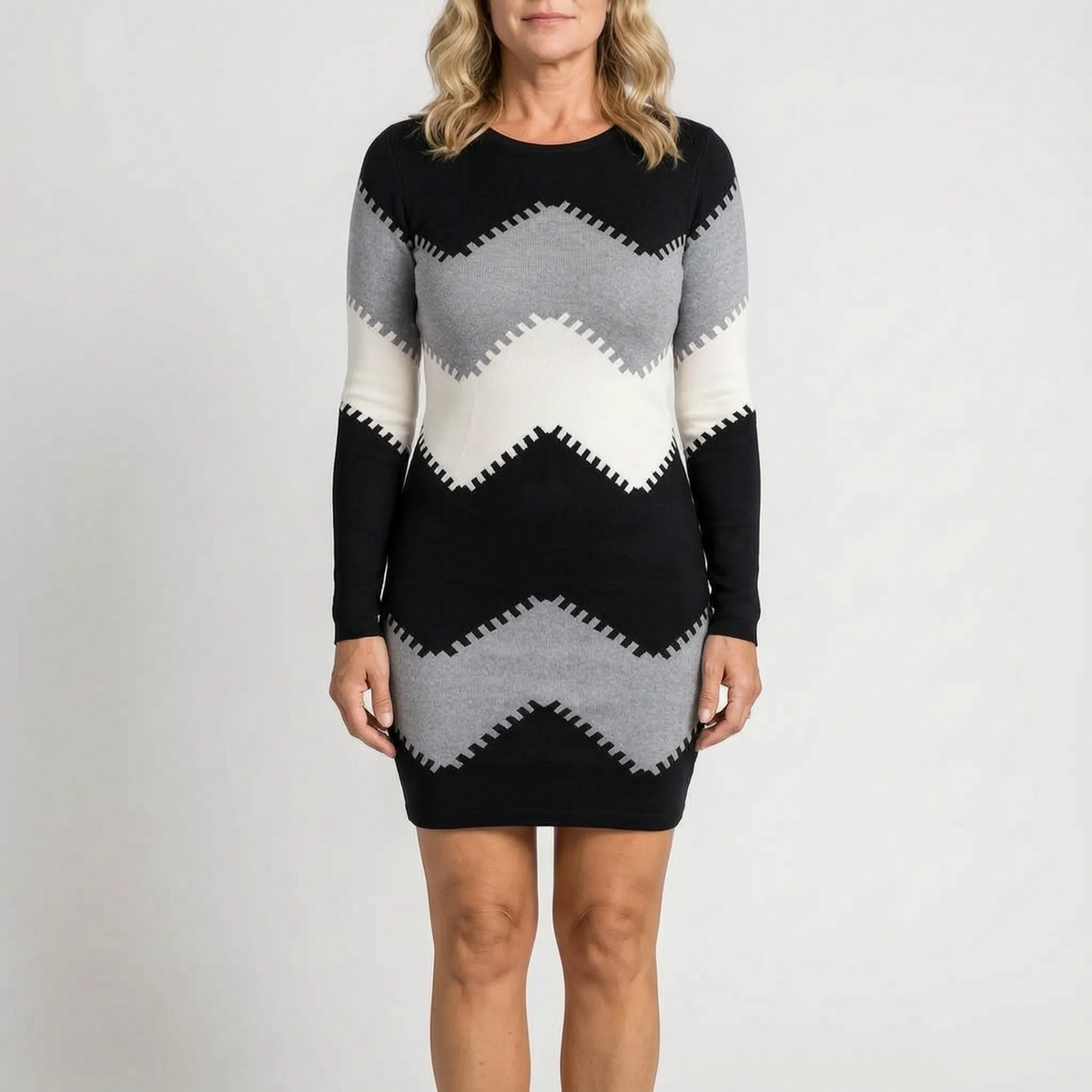 KnitVibe - Chevron Knit Midi Sweater Dress Office Days
