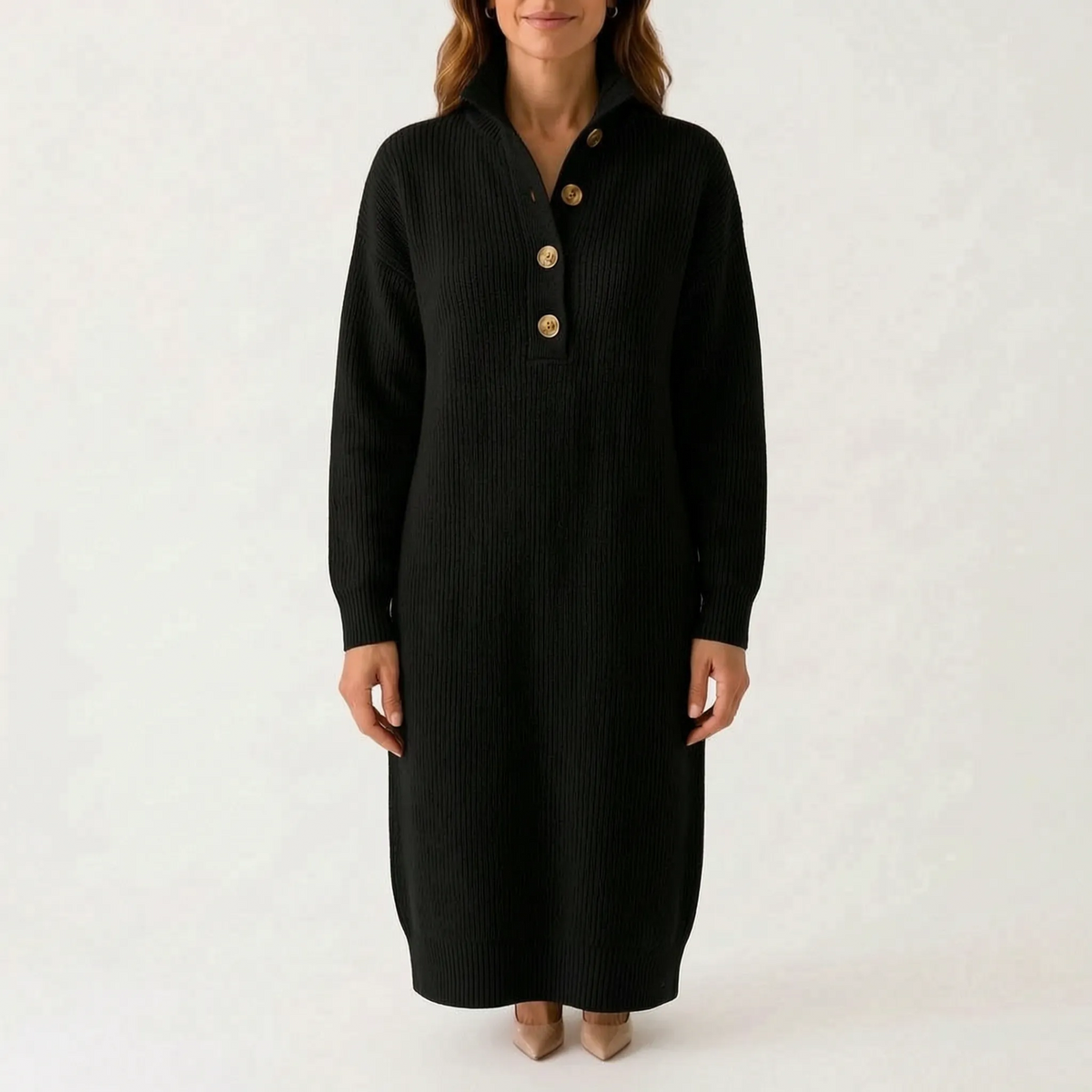 Knitly - Ribbed Knit Midi Dress Sweater Casual Office Days