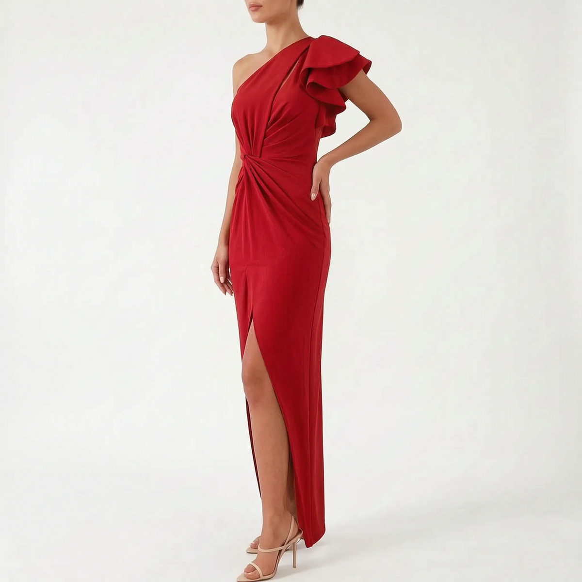 Ruflia - One-Shoulder Ruffle Sleeve Midi Dress Evening Events