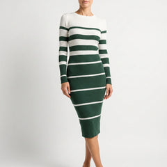 StripeMidi - Striped Ribbed Midi Sweater Dress Office Wear