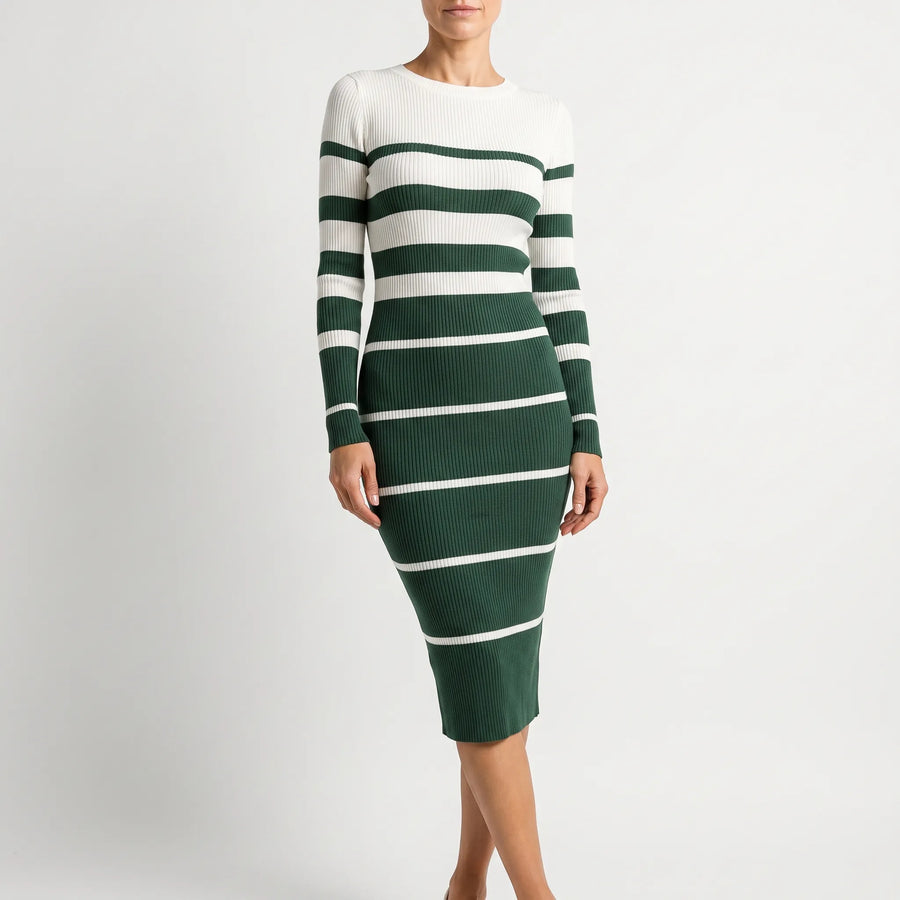 StripeMidi - Striped Ribbed Midi Sweater Dress Office Wear