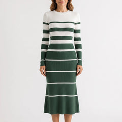 StripeMidi - Striped Ribbed Midi Sweater Dress Office Wear