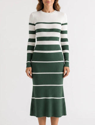 StripeMidi - Striped Ribbed Midi Sweater Dress Office Wear