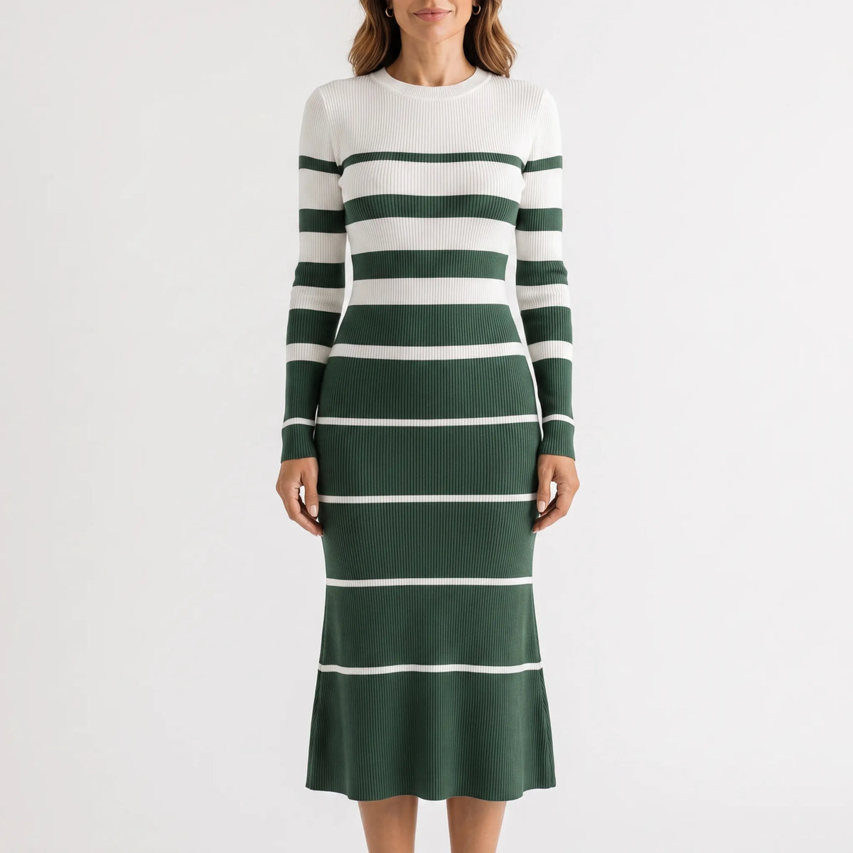 StripeMidi - Striped Ribbed Midi Sweater Dress Office Wear