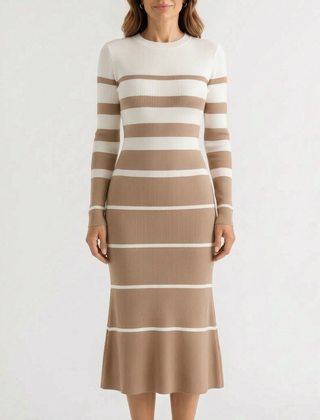 StripeMidi - Striped Ribbed Midi Sweater Dress Office Wear