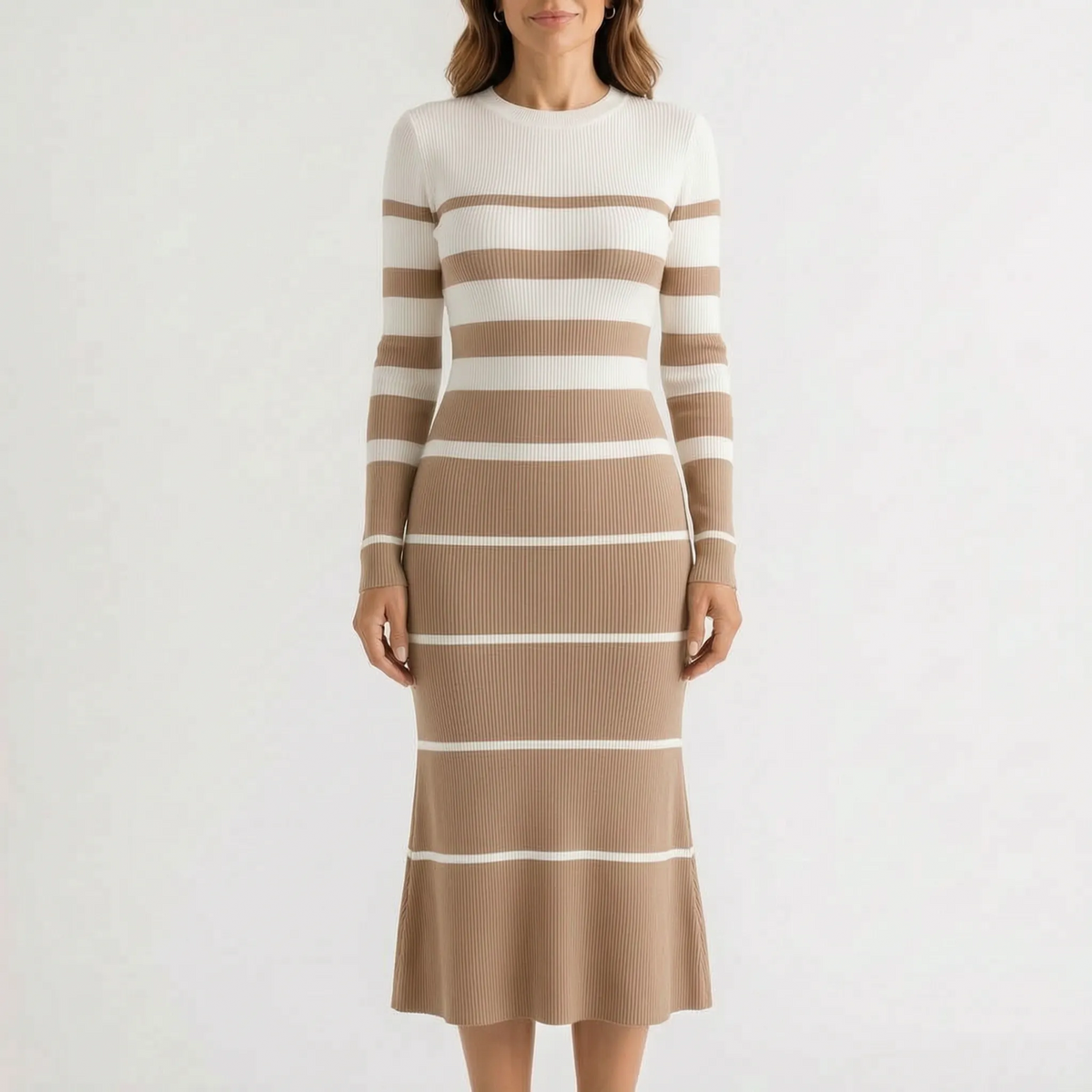 StripeMidi - Striped Ribbed Midi Sweater Dress Office Wear