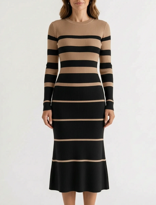 StripeMidi - Striped Ribbed Midi Sweater Dress Office Wear