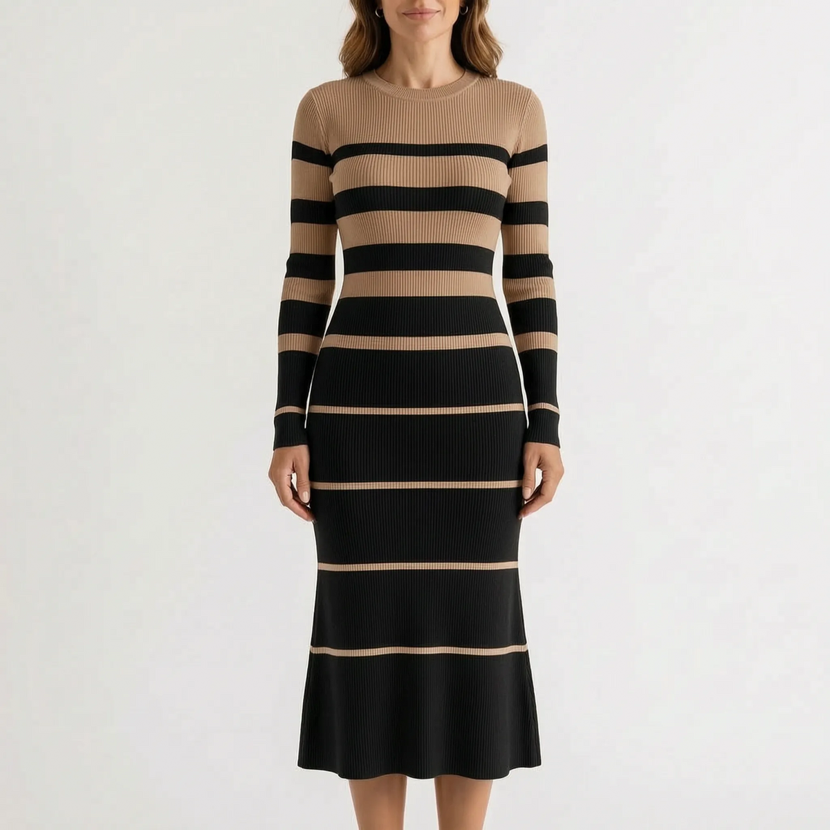 StripeMidi - Striped Ribbed Midi Sweater Dress Office Wear