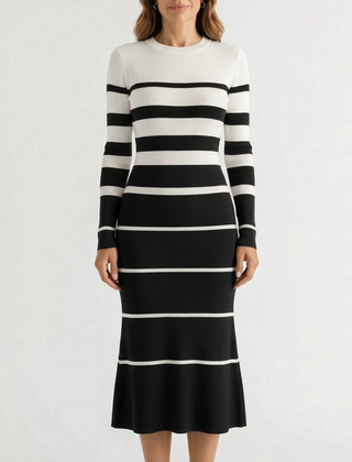 StripeMidi - Striped Ribbed Midi Sweater Dress Office Wear