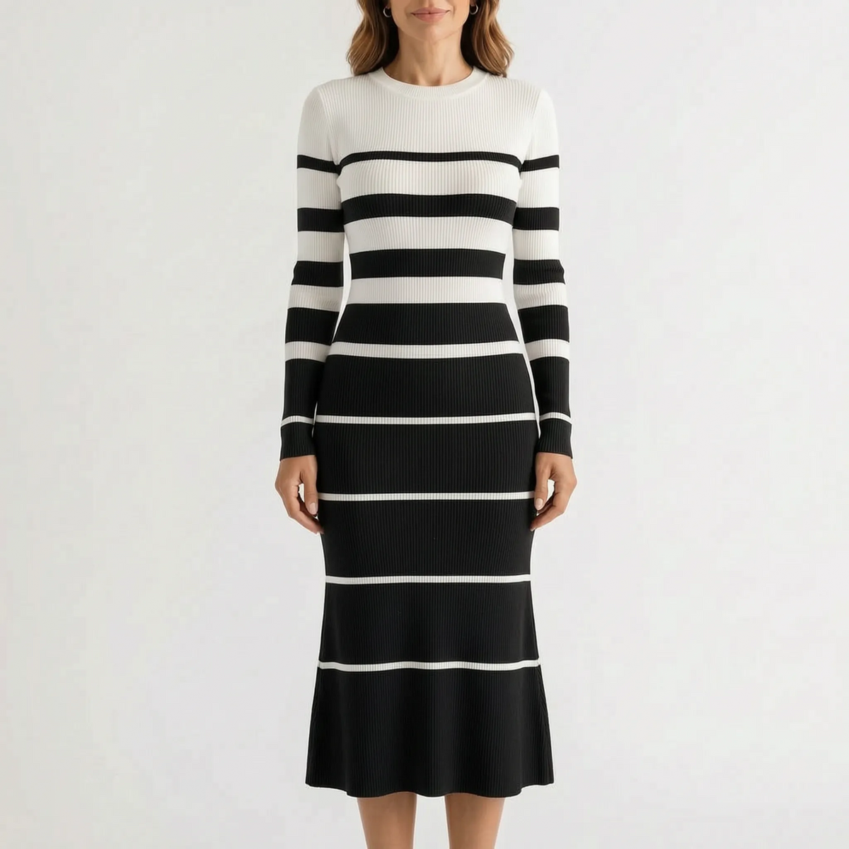 StripeMidi - Striped Ribbed Midi Sweater Dress Office Wear