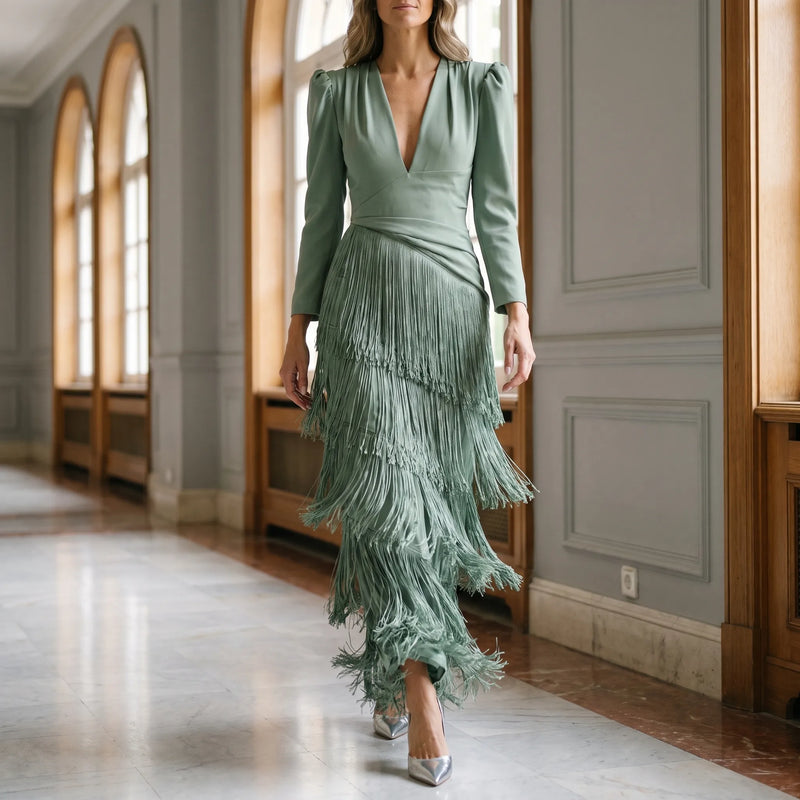 TierVela - Tiered Fringe Long Sleeve Dress Wedding Guest Attire