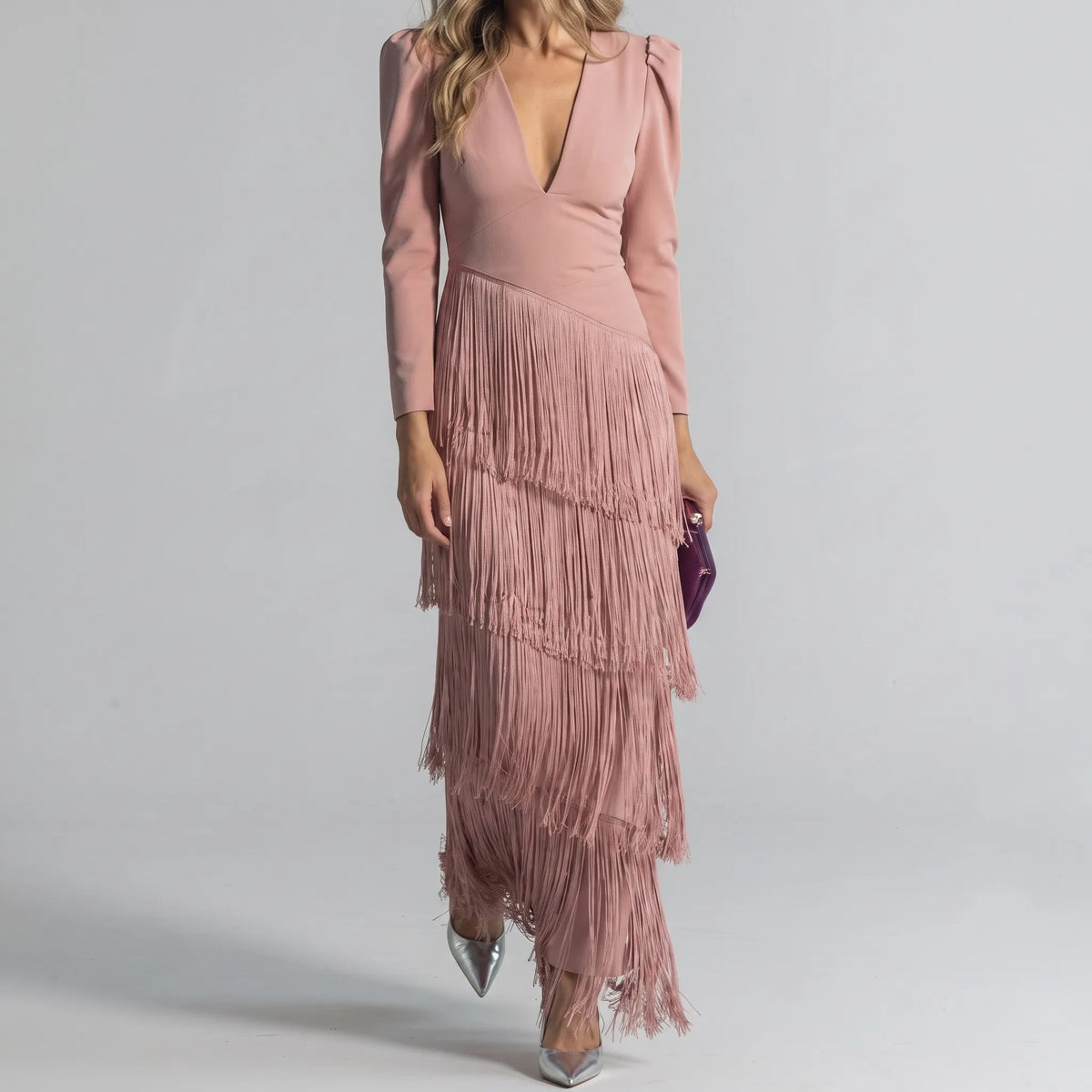 TierVela - Tiered Fringe Long Sleeve Dress Wedding Guest Attire