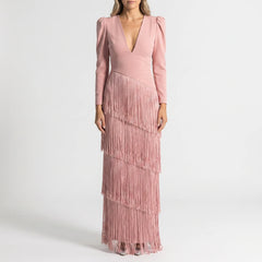 TierVela - Tiered Fringe Long Sleeve Dress Wedding Guest Attire