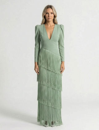 TierVela - Tiered Fringe Long Sleeve Dress Wedding Guest Attire