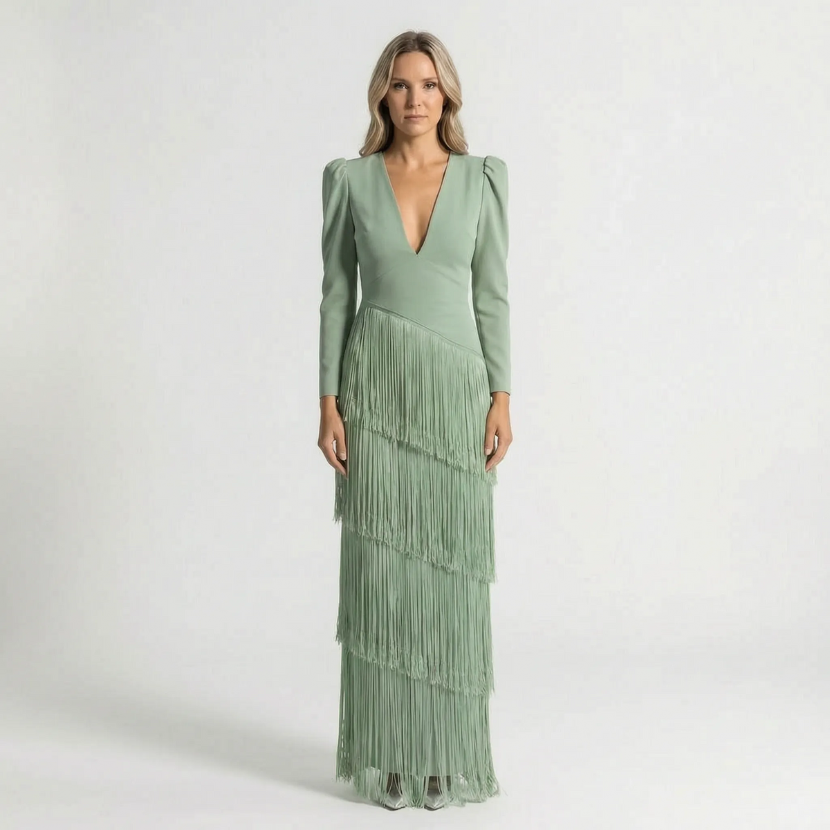 TierVela - Tiered Fringe Long Sleeve Dress Wedding Guest Attire