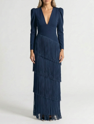 TierVela - Tiered Fringe Long Sleeve Dress Wedding Guest Attire