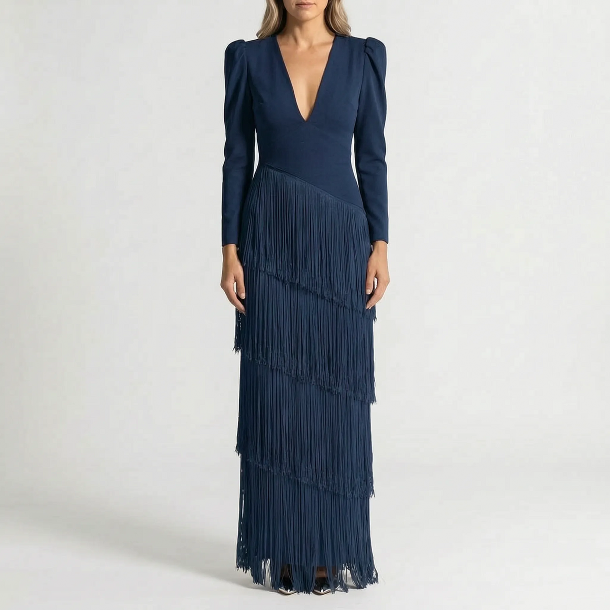 TierVela - Tiered Fringe Long Sleeve Dress Wedding Guest Attire