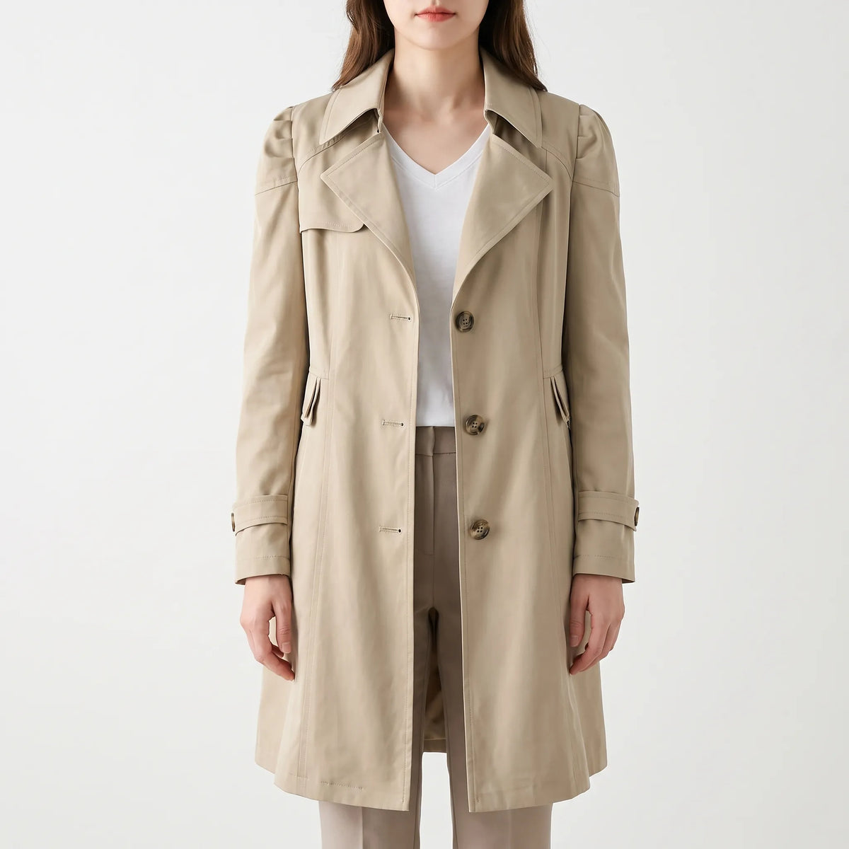 Trenchly - Single Breasted Mid Length Female Trench Coat Everyday Commutes