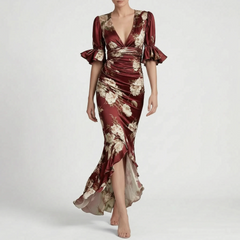 Vesperia - Floral Draped Evening Dress Evening Events