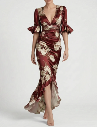 Vesperia - Floral Draped Evening Dress Evening Events