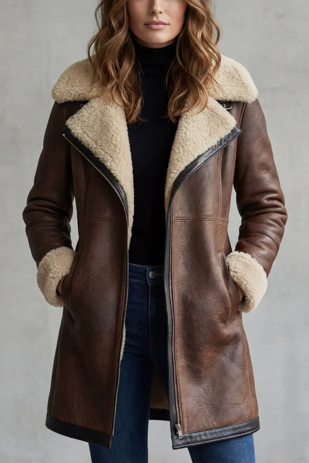 Caldura - Faux Shearling Collar Jacket Cool Weather Layering