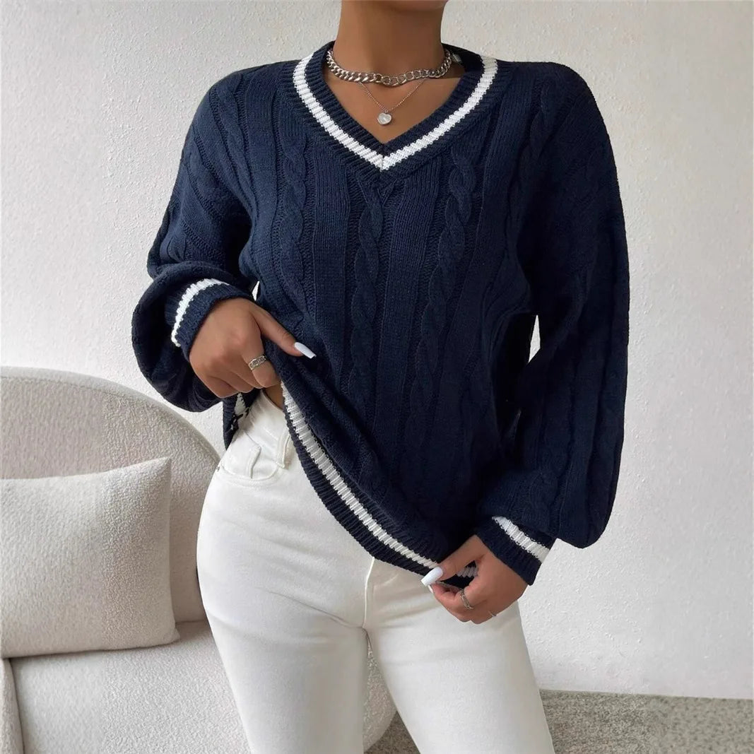 Calvenna - Cable Knit V Neck Pullover Sweater Everyday Wear