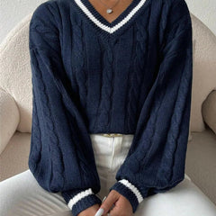 Calvenna - Cable Knit V Neck Pullover Sweater Everyday Wear — view 3 of 6