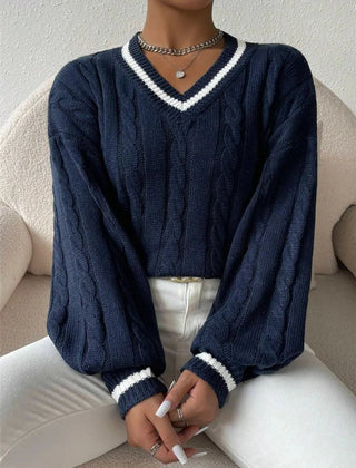 Calvenna - Cable Knit V Neck Pullover Sweater Everyday Wear — view 3 of 6