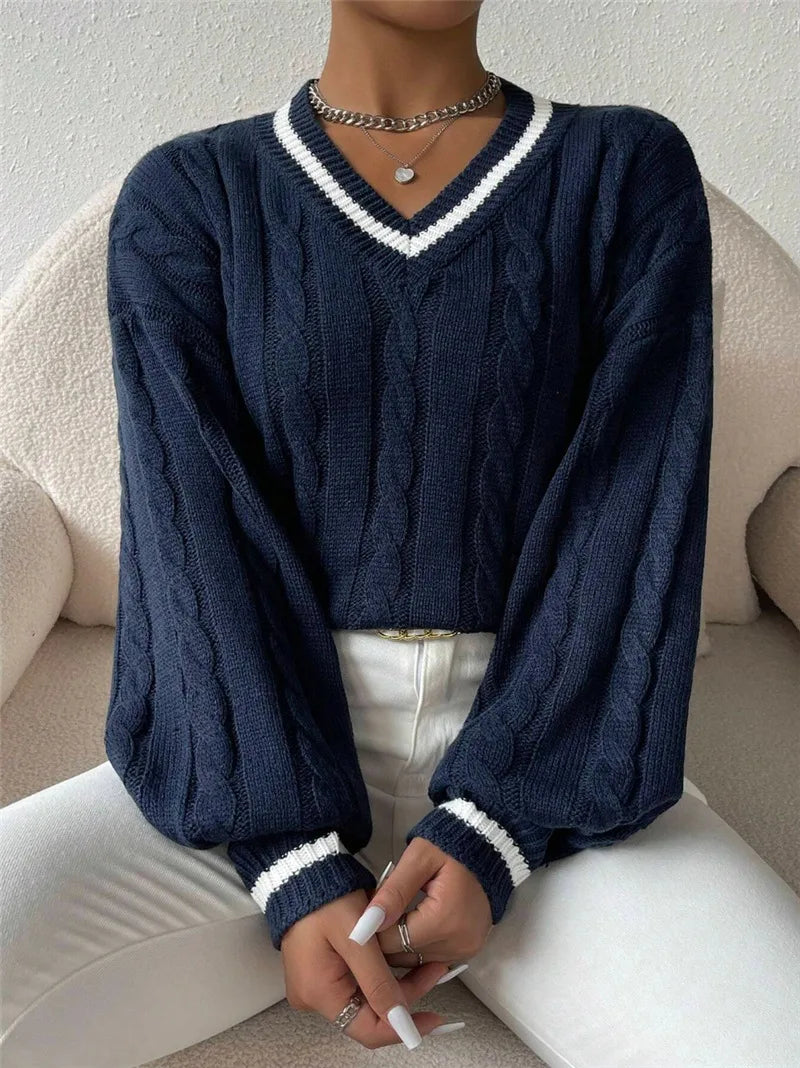 Calvenna - Cable Knit V Neck Pullover Sweater Everyday Wear — view 3 of 6