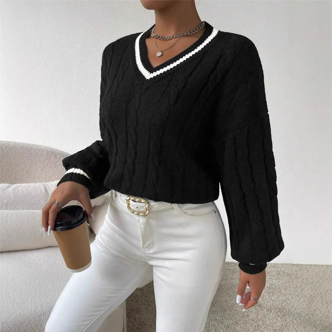 Calvenna - Cable Knit V Neck Pullover Sweater Everyday Wear — view 4 of 6
