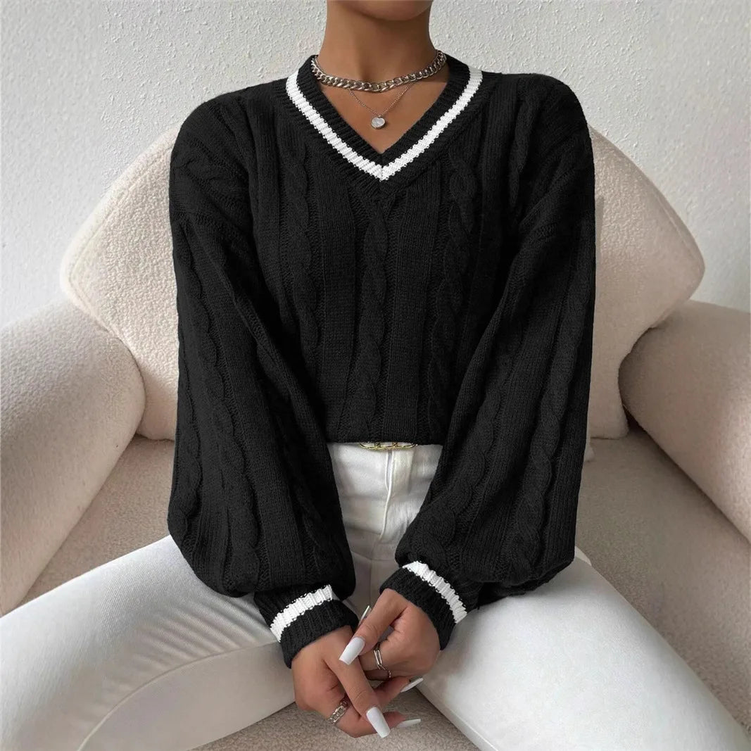 Calvenna - Cable Knit V Neck Pullover Sweater Everyday Wear — view 5 of 6