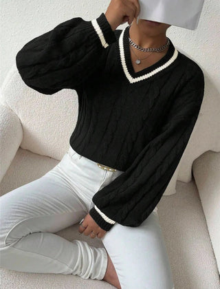 Calvenna - Cable Knit V Neck Pullover Sweater Everyday Wear — view 6 of 6