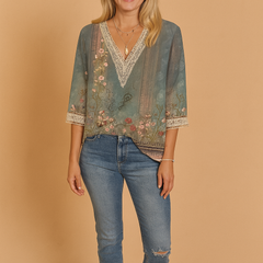 Cassiline - Lace Trim Printed Blouse Three Quarter Sleeves — view 3 of 4