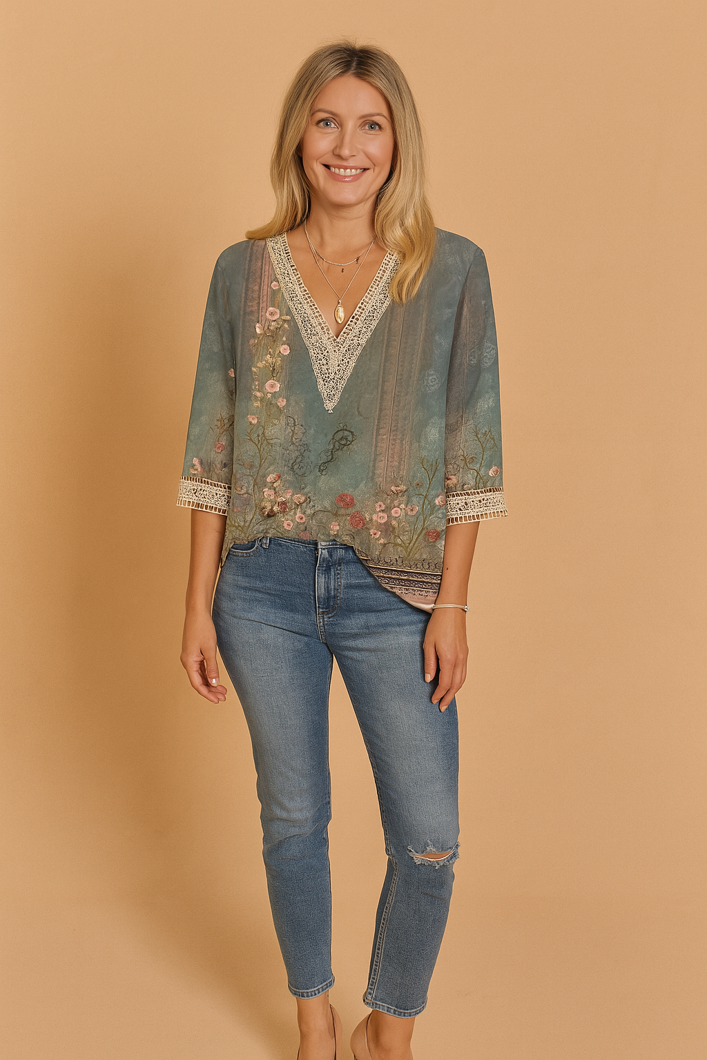 Cassiline - Lace Trim Printed Blouse Three Quarter Sleeves — view 3 of 4