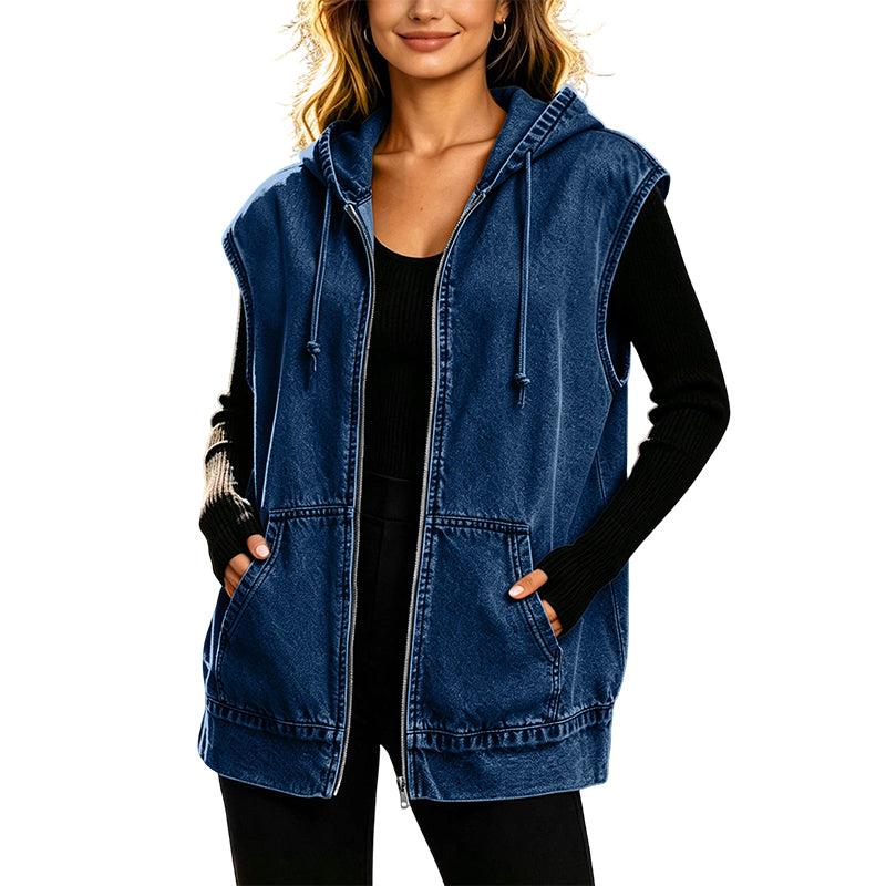 Denara - Hooded Denim Vest Layered Everyday Styling