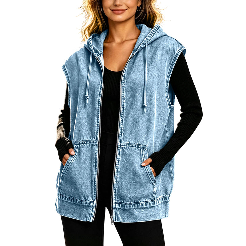 Denara - Hooded Denim Vest Layered Everyday Styling — view 2 of 8