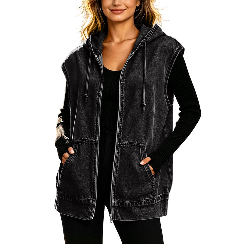 Denara - Hooded Denim Vest Layered Everyday Styling — view 4 of 8