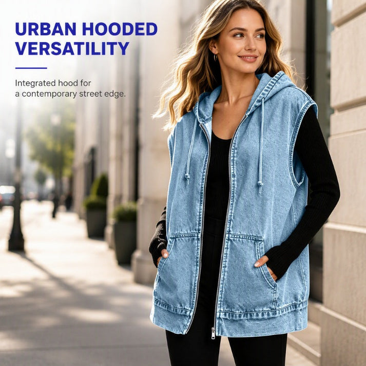 Denara - Hooded Denim Vest Layered Everyday Styling — view 5 of 8