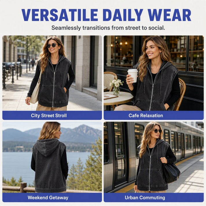 Denara - Hooded Denim Vest Layered Everyday Styling — view 8 of 8