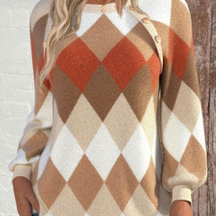 Diamora - Argyle Print Button Detail Sweater Everyday Wear
