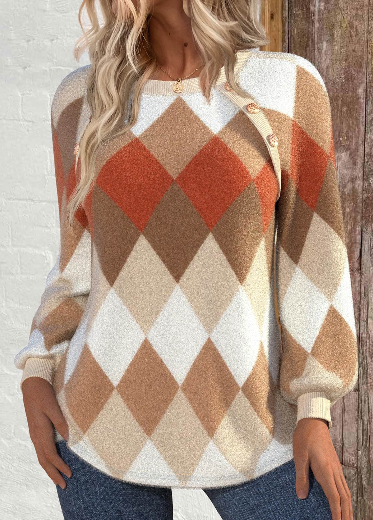 Diamora - Argyle Print Button Detail Sweater Everyday Wear