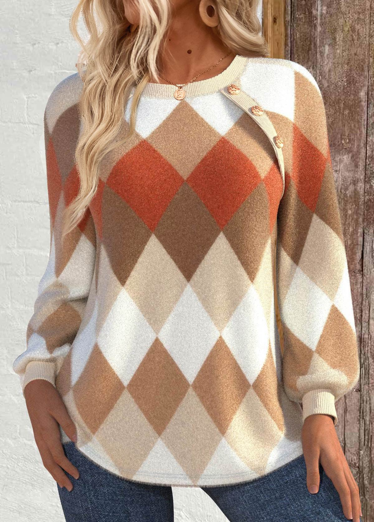 Diamora - Argyle Print Button Detail Sweater Everyday Wear — view 3 of 3