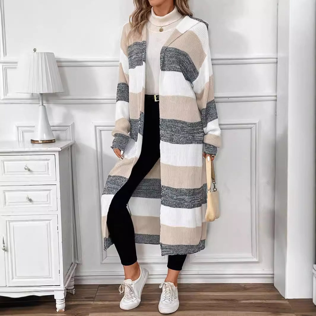 Fennsley - Hooded Striped Longline Cardigan Cool Weather Layering