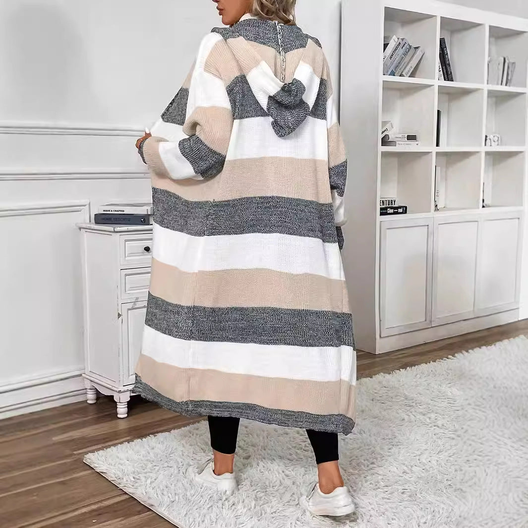 Fennsley - Hooded Striped Longline Cardigan Cool Weather Layering — view 2 of 6