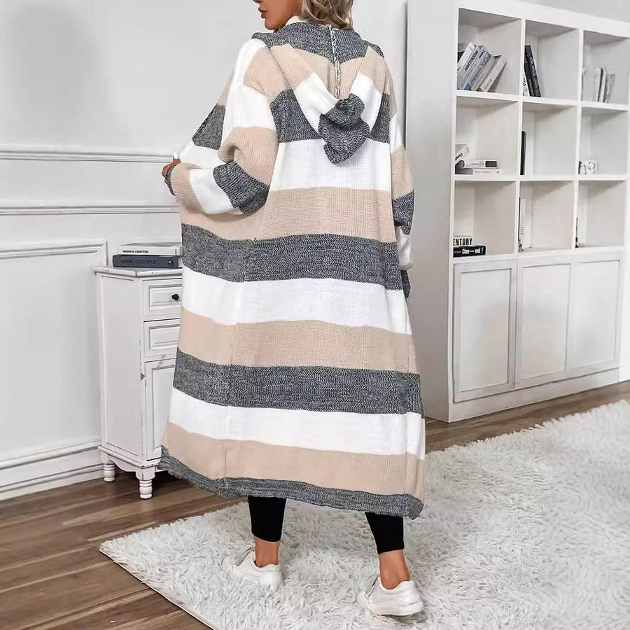 Fennsley - Hooded Striped Longline Cardigan Cool Weather Layering — view 2 of 6